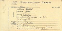 Recenseamento escolar de Sebastião Dias, filho de Júlio Dias, morador em Colares.