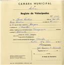 Registo de velocípede de marca Olympique, com o nº 1750, em nome de Romão Faustino, morador em Odrinhas.