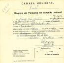 Registo de um veiculo de duas rodas tirado por dois animais de espécie bovina destinado a transporte de mercadorias em nome de Augusto José Jerónimo, morador em rio de Cões.