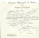 Registo de velocípede de marca Lambreta, com o nº 9018, em nome de Manuel António Pereira, morador em Rua João de Deus, Sintra.