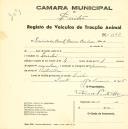 Registo de um veiculo de quatro rodas tirado por um animal de espécie cavalar destinado a transporte de mercadorias em nome de Sociedade Civil Canas Cardim, sediada no Linhó.