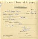 Registo de velocípede de marca Bartolomeu, com o nº 6541, em nome de Hélio Gaspar Rodrigues, morador em Linhó.