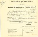 Registo de um veiculo de duas rodas tirado por dois animais de espécie bovina destinado a transporte de mercadorias em nome de Alberto Rodrigues Conde, morador em Dona Maria.