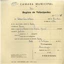 Registo de velocípede de marca Popular, com o nº 2816, em nome de António Vieira de Lima, morador em Queluz.
