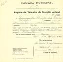 Registo de um veiculo de duas rodas tirado por dois animais de espécie asinina destinado a transporte de mercadorias em nome de Francisco José Policarpo, morador na Azóia.