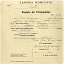 Registo de velocípede de marca Chandler, com o nº 1302, em nome de José Duarte, morador em Pero Pinheiro.