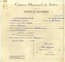 Registo de velocípede com o nº 10098, em nome de Júlio Carvalho dos Santos, morador em Massamá.