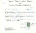 Registo de um veiculo de duas rodas tirado por um animal de espécie asinina destinado a transporte de mercadorias em nome de Manuel Alves Pedroso, morador em Mancebas, Almargem do Bispo.