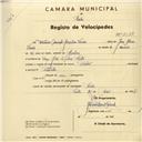Registo de velocípede de marca Pombal, com o nº 3037, em nome de Frederico Manuel Gonçalves Vieira, morador em Rua João de Deus, Sintra.