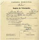 Registo de velocípede de marca Peugeot, com o nº 1723, em nome de Salvador Romão, morador em Concelho.