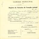 Registo de um veiculo de duas rodas tirado por um animal de espécie muar destinado a transporte de mercadorias em nome de Ludgero Gomes da Silva, morador em Almoçageme.