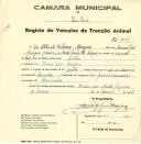 Registo de um veiculo de quatro rodas tirado por um ou dois animais de espécie cavalar destinado a transporte de mercadorias em nome de Alberto Ribeiro Marques, morador na Praia das Maças.