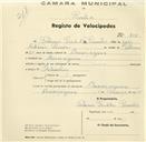 Registo de velocípede com o nº 806, em nome de Sabino Serôdio Simões, morador em Almoçageme.