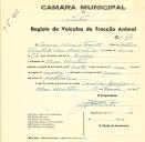 Registo de um veiculo de quatro rodas tirado por um animal de espécie cavalar destinado a transporte de mercadorias em nome de Joaquim Moreira Fontes, morador em Mem Martins.