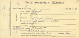 Recenseamento escolar de Augusto Júnior, filho de José Vicente Júnior, morador nas Azenhas do Mar.