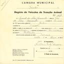 Registo de um veiculo de duas rodas tirado por dois animais de espécie asinina destinado a transporte de mercadorias em nome de Manuel da Silva Gamanho, morador no Seixal.