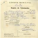 Registo de velocípede de marca Origan, com o nº 3692, em nome de António Antunes, morador em Cacém de Baixo.