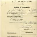 Registo de velocípede com o nº 2210, em nome de [...] Taboza Dias, morador em Mem Martins.