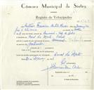 Registo de velocípede de marca Cabrita, com o nº 8723, em nome de António Francisco Bertolo Oliveira, morador em Casal da Mata, Telhal.
