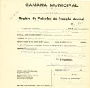 Registo de um veiculo de duas rodas tirado por um animal de espécie asinina destinado a transporte de mercadorias em nome de António Madeira, morador na Várzea de Sintra.