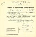 Registo de um veiculo de duas rodas tirado por um animal de espécie cavalar destinado a transporte de mercadorias em nome de Guilherme Simões Afonso, morador no Casal da Maquia, Sintra.