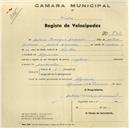Registo de velocípede de marca inglesa, com o nº 872, em nome de António Henrique Andrade, morador em Algueirão.