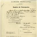 Registo de velocípede Elgin, com o nº 2035, em nome de Maria Leonor Barbosa Magalhães, moradora em Queluz.