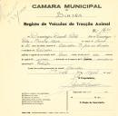 Registo de um veiculo de duas rodas tirado por dois animais de espécie asinina destinado a transporte de mercadorias em nome de Manuel Duarte Patrão, morador em Odrinhas.