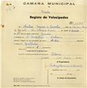 Registo de velocípede de marca Aidan, com o nº 1775, em nome de Avelino Saraiva de Carvalho, morador em S. Sebastião, Colares.