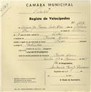 Registo de velocípede de marca Nadir, com o nº 1497, em nome de António José Fonseca Santos Dores, morador em Madre Deus.