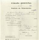 Registo de velocípede de marca Azur, com o nº 4479, em nome de Manuel Silva Gomes, morador em Cacém.