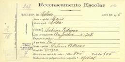 Recenseamento escolar de Maria Pedroso, filha de Sabino Pedroso, moradora na Várzea.