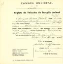 Registo de um veiculo de duas rodas tirado por um animal de espécie muar destinado a transporte de mercadorias em nome de Augusto António Jacinto, morador em Camarões.