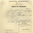 Registo de velocípede de marca Monet, com o nº 296, em nome de Fernando Moncado, morador em Mem Martins.