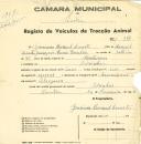 Registo de um veiculo de duas rodas tirado por um animal de espécie muar destinado a transporte de mercadorias em nome de Graciano Manuel Duarte, morador em Odrinhas.