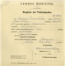 Registo de velocípede de marca Olga, com o nº 2488, em nome de Caetano Inácio Tomás, morador em Albarraque.
