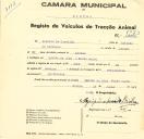 Registo de um veiculo de duas rodas tirado por um animal de espécie cavalar destinado a transporte de mercadorias em nome de Arnaldo de Carvalho, morador na Quinta da Bica, Monte Santo.