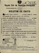 Boletim de óbito de Maria Santos Jordão Travassos Valdez, moradora na Estefânia, sepultada no coval nº 7697, do cemitério de S. Marçal.