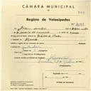 Registo de velocípede com o nº 4293, em nome de Joaquim Mendes, morador em Algueirão.