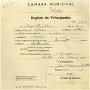 Registo de velocípede de marca Champion, com o nº 1334, em nome de Fernando Simões, morador em Cacem de Cima.