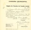 Registo de um veiculo de duas rodas tirado por um animal de espécie muar destinado a transporte de mercadorias em nome de Joaquim Pereira Miranda, morador em Mem Martins.