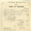 Registo de velocípede de marca Mourão, com o nº 3835, em nome de Vicente Lopes, morador em Rua Vasco da Gama, Queluz.