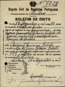 Boletim de óbito de Maria Manuela Ribeiro Rebelo, moradora na Várzea de Sintra, sepultada no coval nº 7728, do cemitério de S. Marçal.