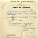 Registo de velocípede com o nº 186 , em nome de José Coelho Silva Sousa Guimarães, morador em Belas.