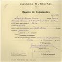 Registo de velocípede de marca Helios, com o nº 2761, em nome de Maria de Lurdes Fonseca, moradora em Queluz.