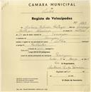 Registo de velocípede com o nº 1229, em nome de António Estêvão Baltasar, morador em Terrugem.