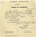 Registo de velocípede de marca Champion, com o nº 1330, em nome de Luís Simões, morador em Cacem de Cima.