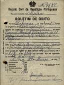 Boletim de óbito de Raquel Maria Rodrigues, moradora em Nafarros, sepultada no coval nº 7657, do cemitério de S. Marçal.