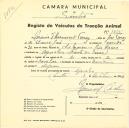 Registo de um veiculo de duas rodas tirado por dois animais de espécie cavalar destinado a transporte de mercadorias em nome de Mário da Assunção Tomás, morador na Fonte das Eiras, Agualva .