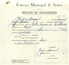 Registo de velocípede de marca Sachs, com o nº 9342, em nome de Jorge Manuel, morador em Anços.